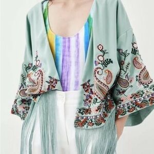 Zara Light Green Embroidered Fringe Kimono